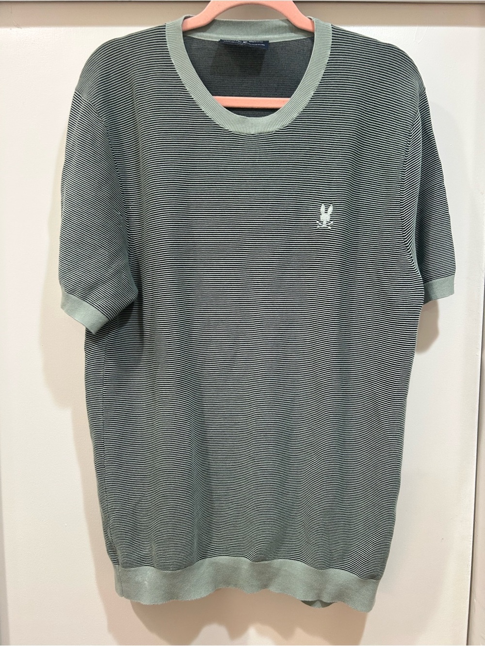 Psycho Bunny Men's Short Sleeve Striped Crewneck Tee in Sage Green and White